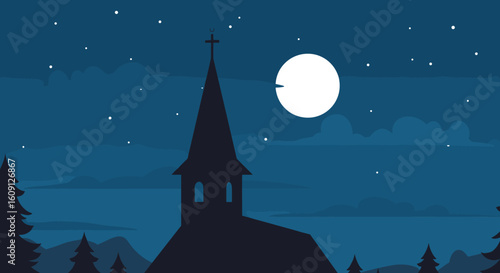 Nighttime church silhouette against moonlit sky with stars and clouds. Vector illustration