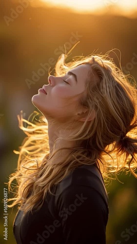 Serene Moment of Reflection: A young woman embraces the golden hour, her face turned towards the sun, capturing the peace and tranquility of a moment.