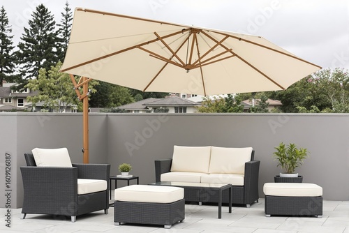 Modern patio furniture set with cantilever umbrella