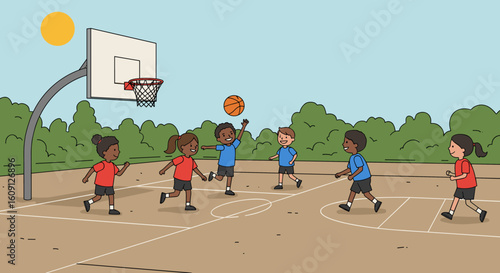Children playing basketball outdoors: diverse group of happy kids having fun. Vector illustration