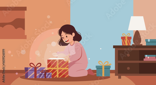 Young asian female child opening gifts in cozy room with pajamas and presents. Vector illustration
