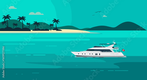 Luxurious yacht sailing near tropical island with palm trees and ocean view. Vector illustration
