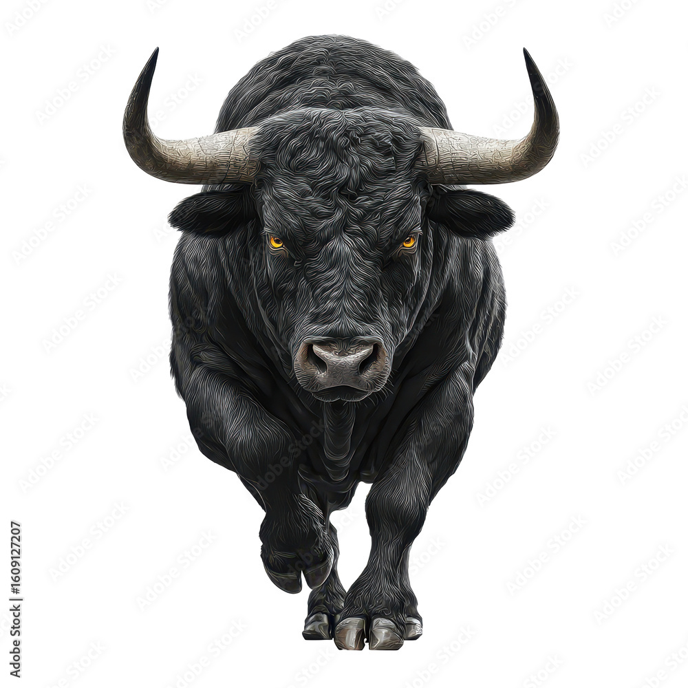 Naklejka premium Black bull charging forward in a powerful display of strength and presence in a vast open field during daylight