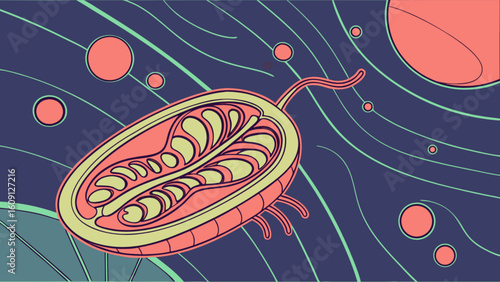 Illustration of a bacteria cell structure with flagella and cell membrane for science education use