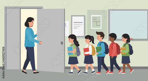 Female teacher welcomes diverse young students in school hallway with backpacks and books. Vector illustration