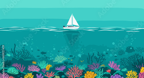 Sailboat on ocean surface with vibrant underwater coral reef and marine life. Vector illustration
