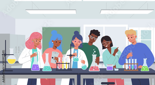 Diverse group of young scientists conducting experiments in a laboratory setting. Vector illustration