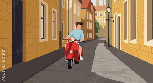Young caucasian male riding red scooter in quaint european alleyway. Vector illustration