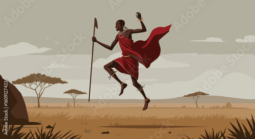 African male warrior jumping with spear in traditional red attire across savanna landscape. Vector illustration