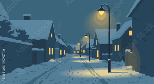 Snowy village street at night with warm glowing lamps and cozy houses. Vector illustration
