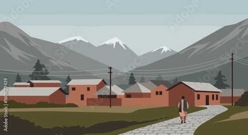 Person walking on village path with mountain views and traditional houses. Vector illustration