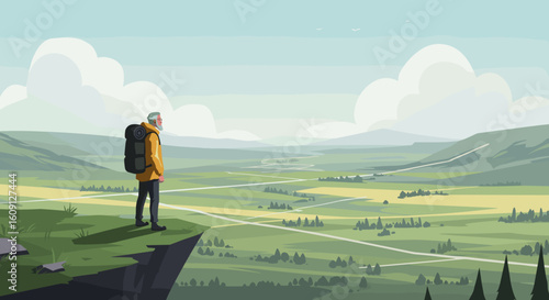 Mature caucasian male hiker overlooking vast scenic landscape. Vector illustration