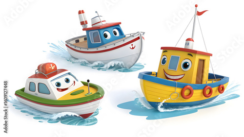 Cartoon boats illustration cute character design for children books and educational materials vector art 3d
