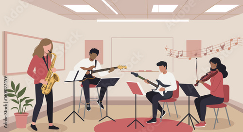 Diverse group of young musicians playing instruments in a classroom setting. Vector illustration