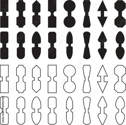 Strap connectors tab icons set in flat and line styles. Webbing clip group, buckle fastener collection, strap tab symbols for bags, backpack, outdoor gear, harness, apparel, and accessories.