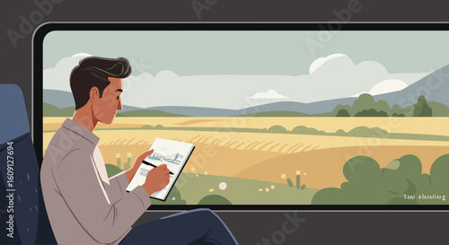 Young caucasian male sketching scenic landscape views from train window. Vector illustration