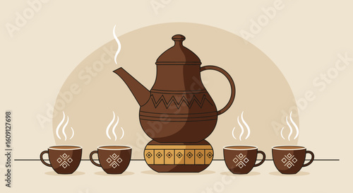 Traditional arabic coffee pot with four decorated cups and steam on beige background. Vector illustration
