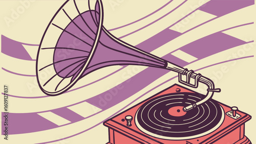 Vintage phonograph gramophone record player music nostalgia antique sound system illustration design vector
