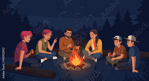 Diverse group of friends enjoying campfire under starry night sky in forest. Vector illustration