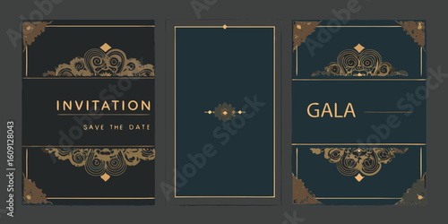 Elegant art deco invitation and gala announcement design with ornate borders