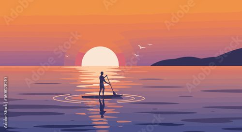 Serene sunset paddleboarding with silhouette on calm ocean waters. Vector illustration