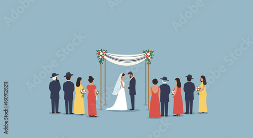 Wedding ceremony illustration with bride and groom surrounded by diverse family guests. Vector illustration