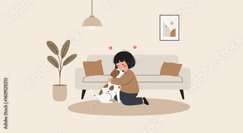 Young asian female child cuddles dog in modern living room with sofa and plant. Vector illustration