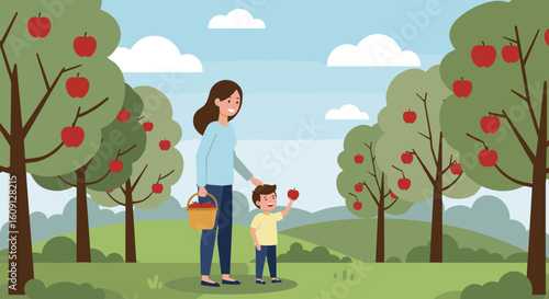 Caucasian female adult and young child in orchard picking apples on a sunny day. Vector illustration