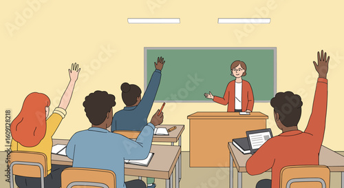 Classroom scene with young diverse students and female teacher engaged in learning. Vector illustration