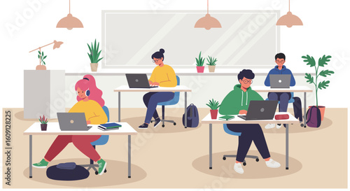 Diverse young adults in modern co-working space with laptops and plants. Vector illustration
