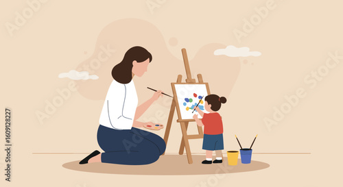 Young caucasian woman and child painting together on easel in creative arts lesson. Vector illustration