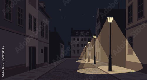 Quiet nighttime street scene with illuminated streetlights and starry sky in urban setting. Vector illustration