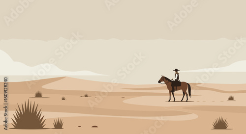Lone cowboy on horse rides through desert landscape in minimalist art style. Vector illustration