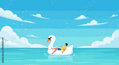 Young hispanic male relaxing on inflatable swan in serene ocean under clear blue sky. Vector illustration