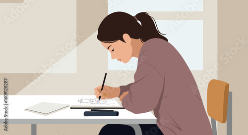 Young hispanic female artist sketching at table in sunlit room. Vector illustration