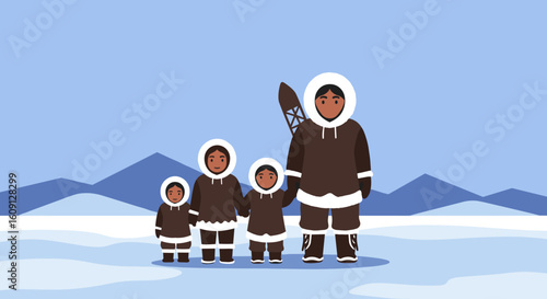 Family of four with snowshoes in arctic scenery. Vector illustration