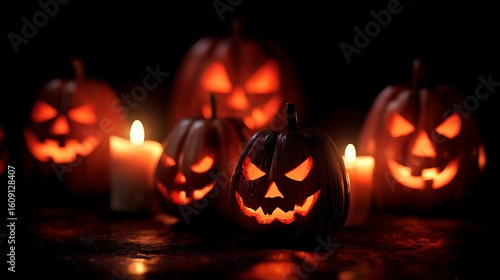 Candle lit Halloween pumpkins glowing in the dark spooky atmosphere carved faces festive night seasonal decoration eerie mood