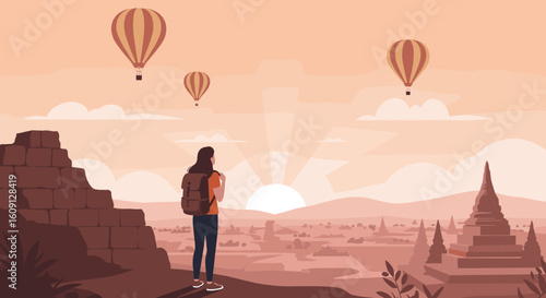 Female traveler watching hot air balloons at sunrise over ancient temple landscape. Vector illustration
