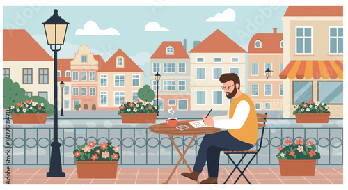 Young caucasian male writing at outdoor café table in european cityscape. Vector illustration