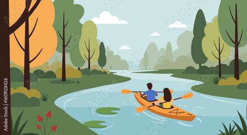 Caucasian male and female young adults kayaking on a serene river in a scenic forest. Vector illustration