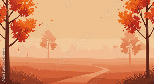 Serene autumn landscape with winding path and vibrant foliage in warm tones. Vector illustration