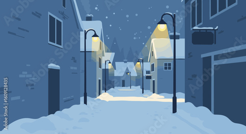 Snowy winter night in quiet village with streetlights and snow-covered houses. Vector illustration