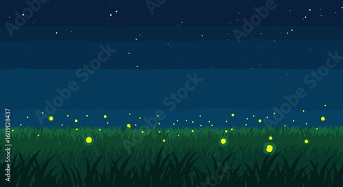 Glowing fireflies in night field with starry sky horizon and lush green grass. Vector illustration