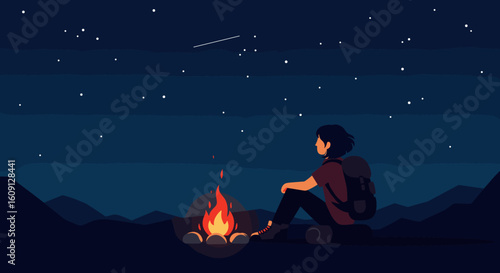 Young adult camping under starry night sky watching shooting star. Vector illustration