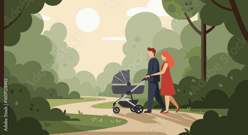 Young caucasian couple walking with baby stroller in a sunny park. Vector illustration