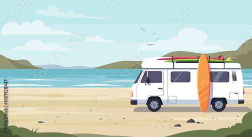 Campervan with surfboard on beach with ocean and hills in background. Vector illustration