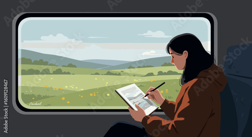 Female adult drawing landscape on train journey through countryside window. Vector illustration