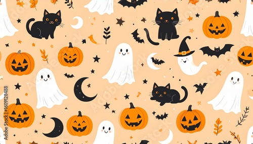 Cute halloween pattern with ghosts, bats, cats, stars and moons on a orange background seamless wallpaper