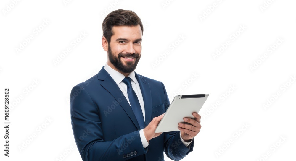 Smiling Businessman Using Tablet, Professional Corporate Portrait, Blue Suit Smiling Businessman Using Tablet, Professional Corporate Portrait, Blue Suit