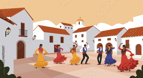 Colorful flamenco dance in spanish village with men and women dancers in traditional attire. Vector illustration